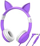 iClever BoostCare Kinder Kopfhörer, Katze Inspirierte Verdrahtete On Ear Headsets mit 85dB Volumen begrenzt, Umweltfreundliches Silikon Material, 3,5 mm Audio Jack Kabel (Lila)